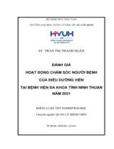 ĐÁNH GIÁ  HOẠT ĐỘNG CHĂM SÓC NGƯỜI BỆNH  CỦA ĐIỀU DƯỠNG VIÊN  TẠI BỆNH VIỆN ĐA KHOA TỈNH NINH THUẬN  NĂM 2021 / Trần Thị Thanh Ngân; Người hướng dẫn Phạm Kế Thuận